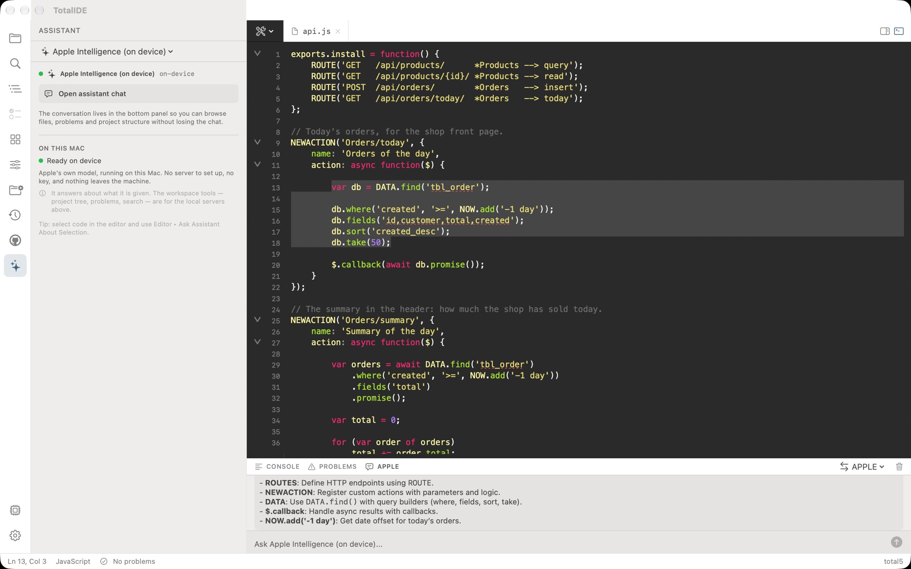 TotalIDE's Apple Intelligence panel explaining selected code in the bottom chat