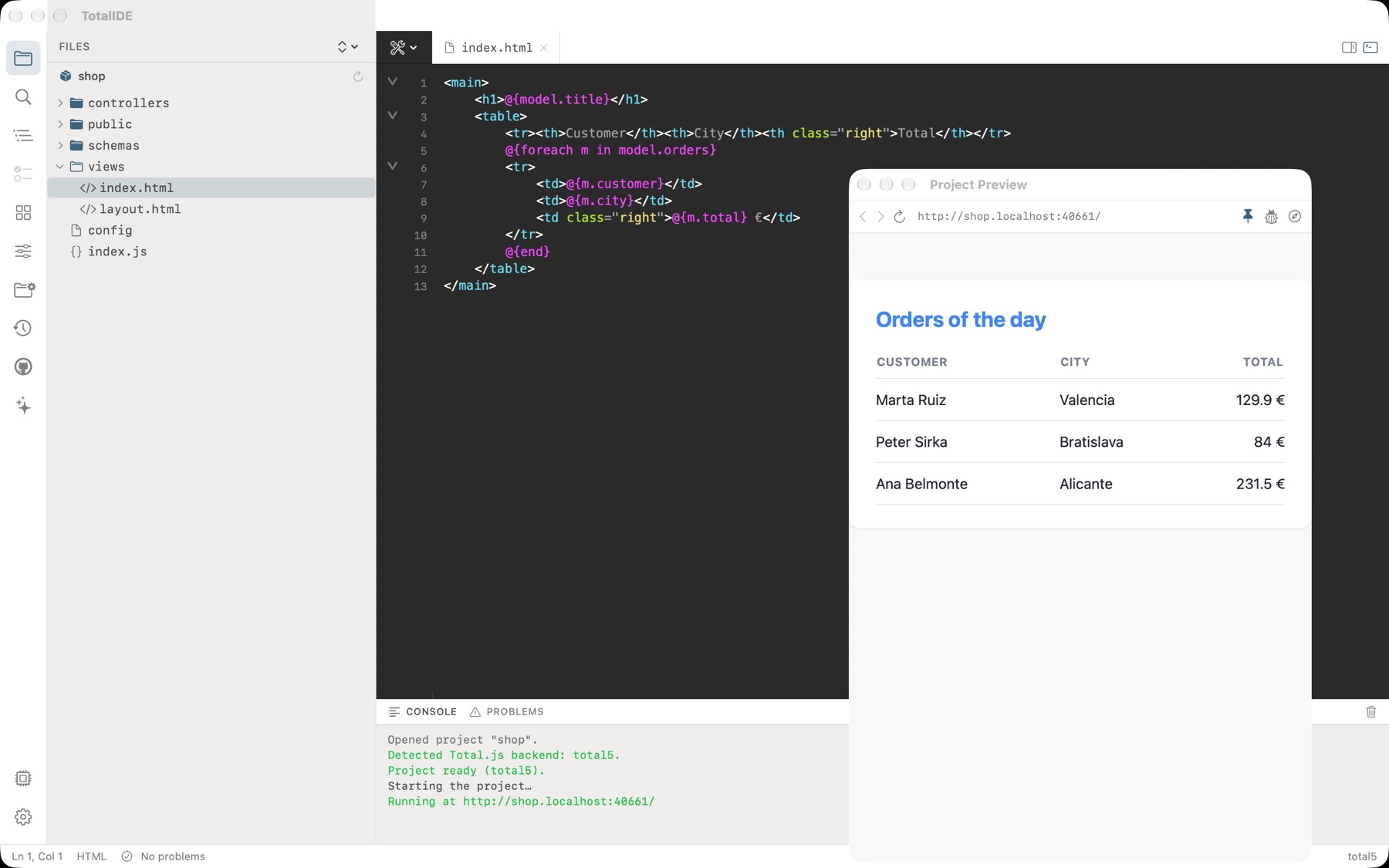 TotalIDE with the project tree, code editor, local preview and console